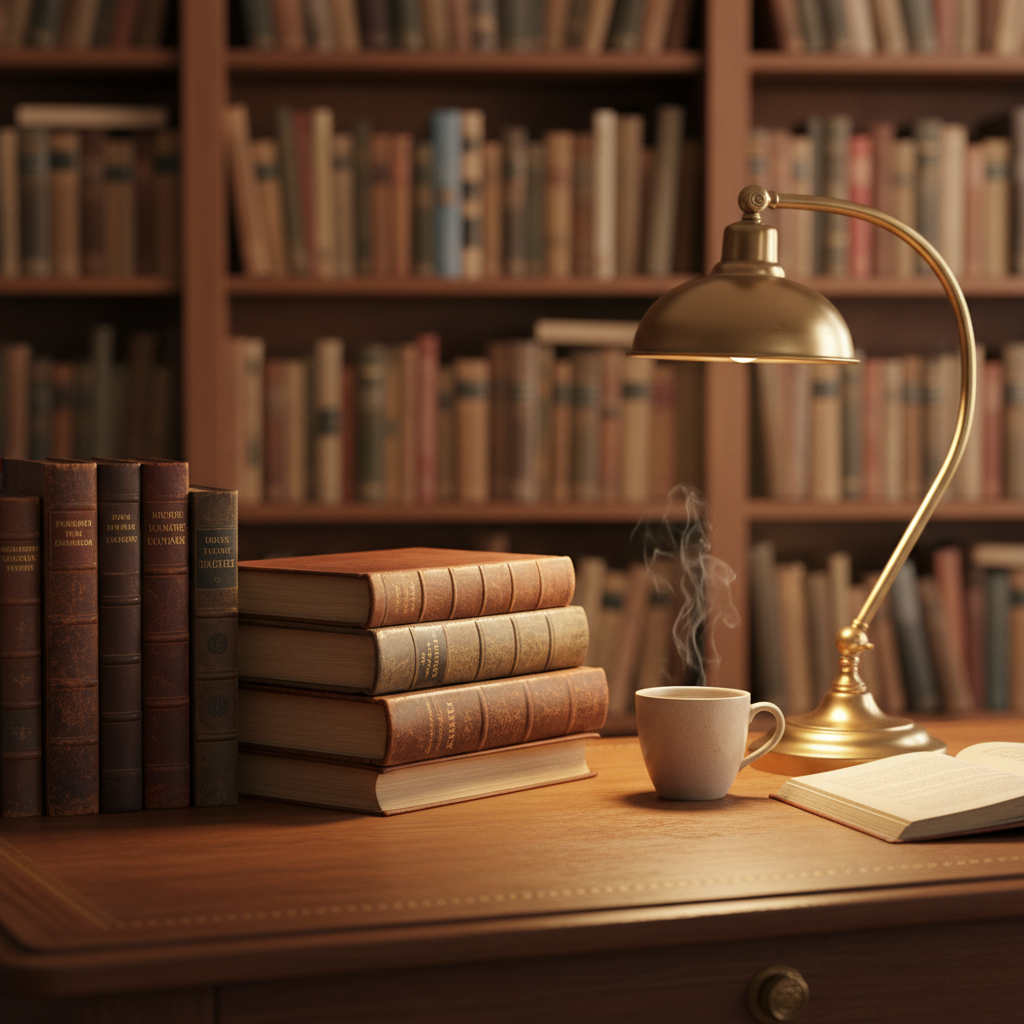 따뜻하고 아늑한 서재, 빈티지한 나무 책상 위에 놓인 가죽 표지의 철학 책, 황동 램프의 은은한 조명, 김이 모락모락 나는 커피 잔과 흐릿한 배경의 책장.