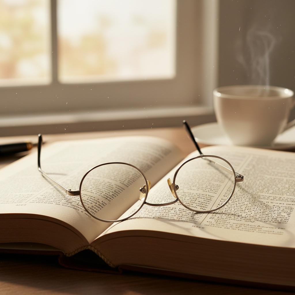 철학 서적의 펼쳐진 페이지 위에 놓인 고전적인 안경의 클로즈업, 여백에 적힌 수필 메모, 창가에서 들어오는 부드러운 아침 햇살.