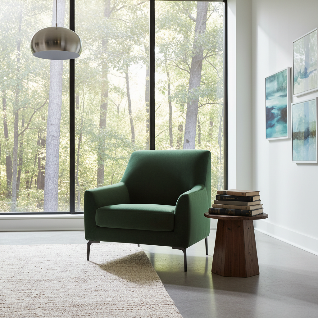 세련된 에메랄드 그린 벨벳 안락의자가 있는 현대적인 미니멀 거실, 쌓여 있는 하드커버 책들이 놓인 작은 사이드 테이블, 숲이 보이는 큰 창문.