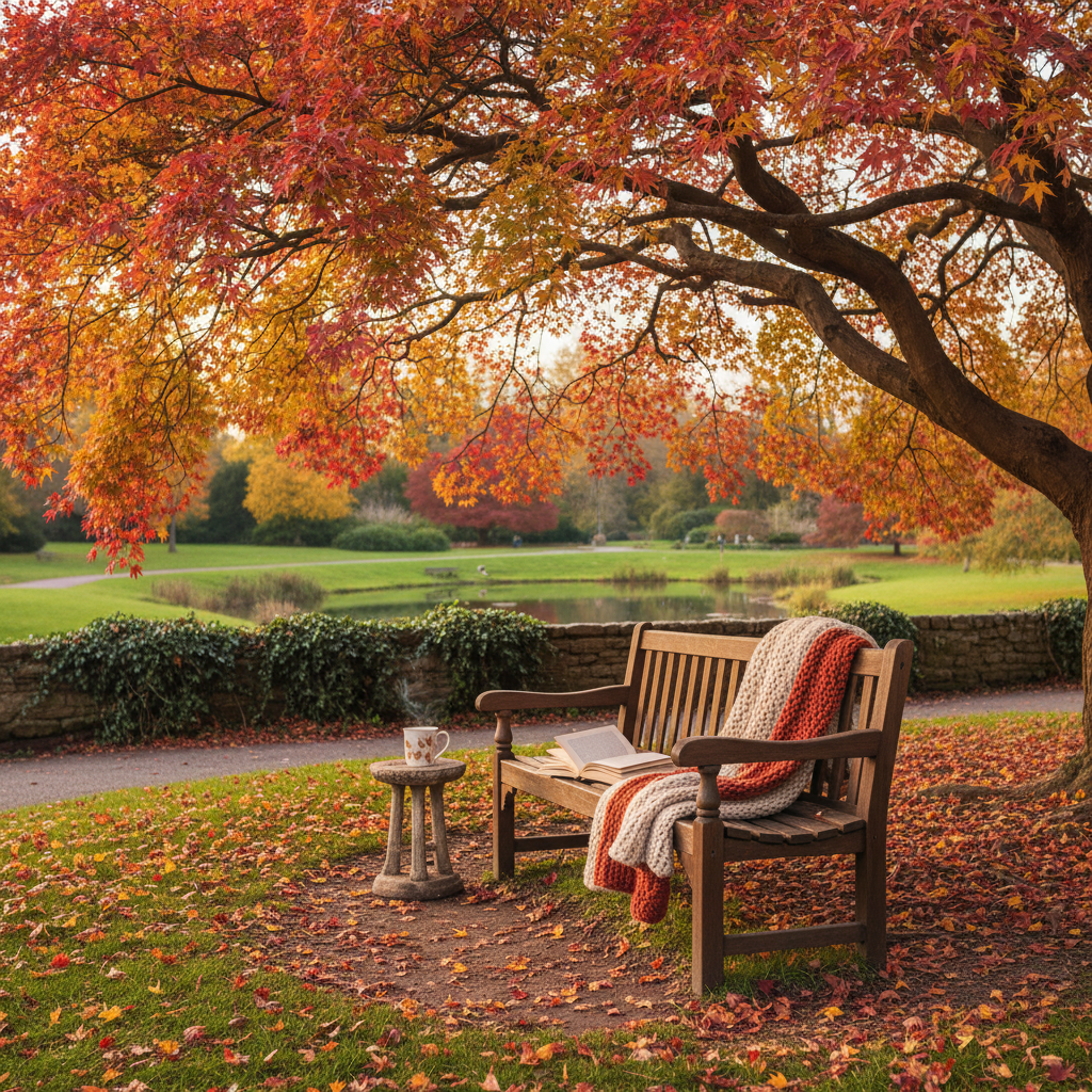 가을 단풍나무 아래 공원 벤치, 시트 위에 놓인 펼쳐진 책과 울 담요, 정적인 사색의 분위기를 자아내는 평화로운 야외 풍경.